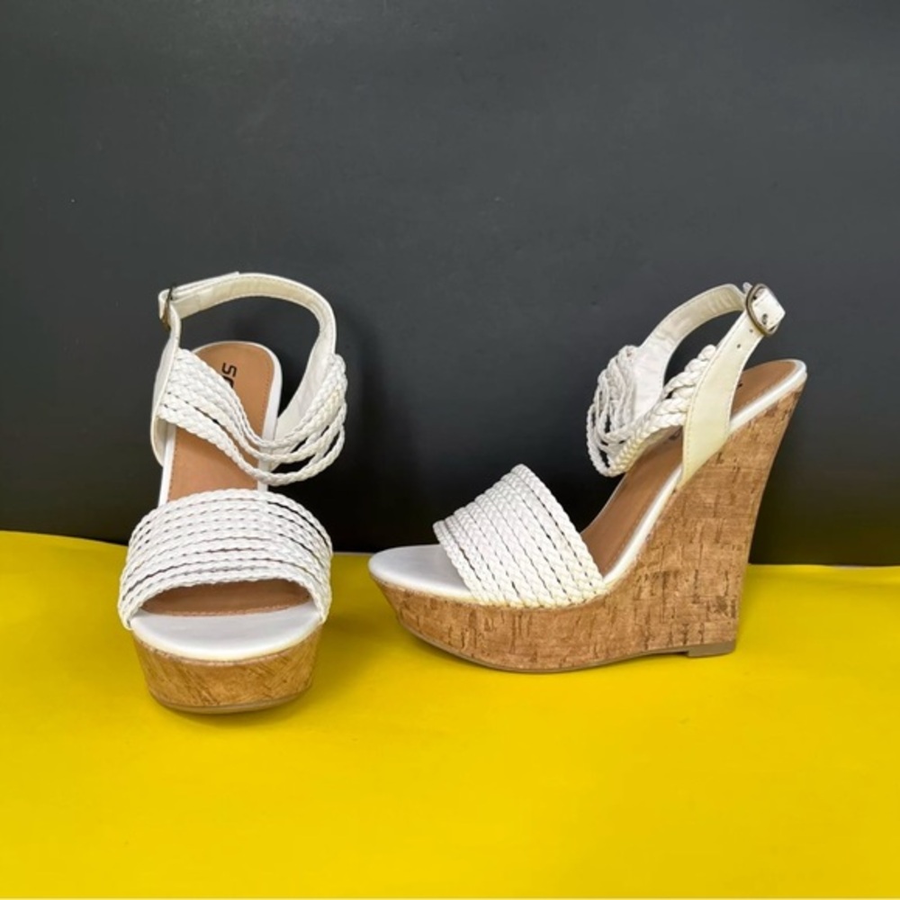 Soda White Shoes Cork Wedge Platform Heels Ankle Buckle Strap Braided Sandal